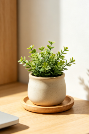 Miniature faux potted plant with natural wood-style base—fresh, decorative accent for desks and entryways