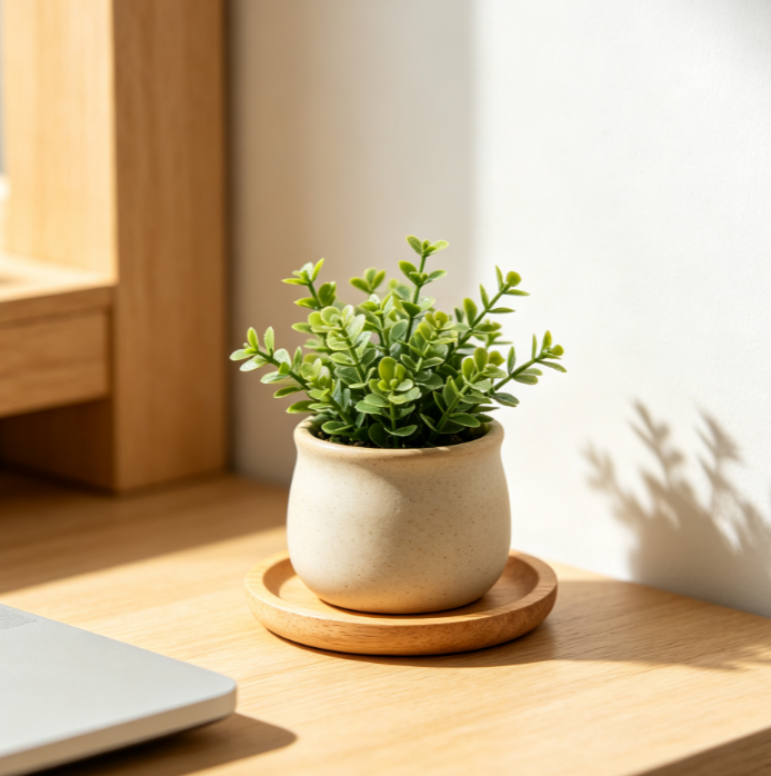 Miniature faux potted plant with natural wood-style base—fresh, decorative accent for desks and entryways