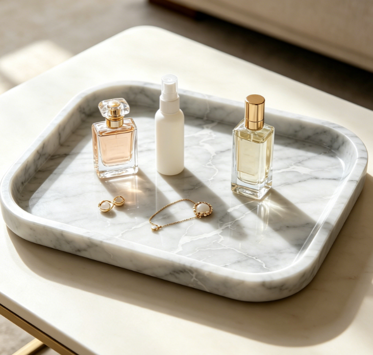 Marble-patterned tray—dual-purpose decorative organizer for coffee tables and vanity tops