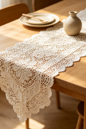 French lace table runner—elegant textile decor for dining tables and home styling