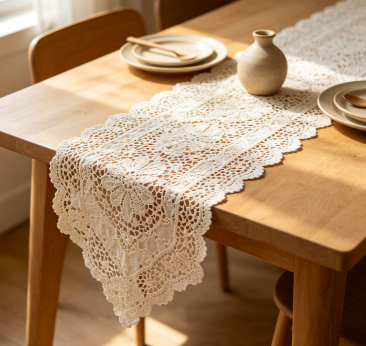 French lace table runner—elegant textile decor for dining tables and home styling